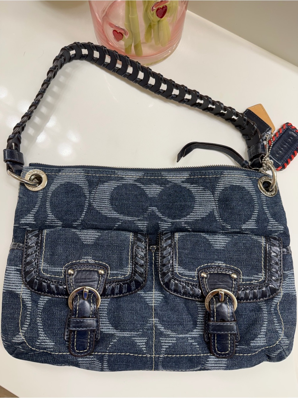 Coach signature denim bucket pocket shoulder bag